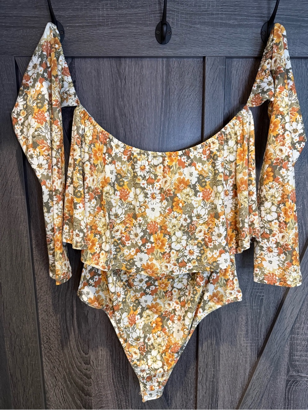 Floral Off-Shoulder One-Piece Bodysuit in Mustard & Olive